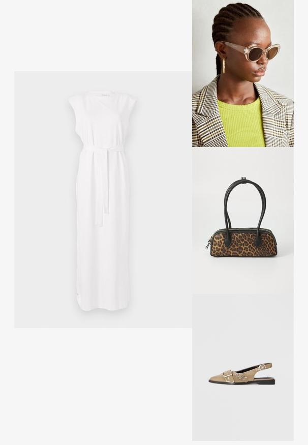 Balta bez piedurknēm maksi kleita ar jostu viduklī, ar mīkstu tekstūru un taisnu siluetu. Vienkāršs dizains bez rakumiem.; Beige lakoti slingback apavi ar smailu purngalu, divām regulējamām sprādzēm un zemu melnu papēdi. Gluda tekstūra ar spīdīgu apdari.; Caurspīdīgas kaķacis saulesbrilles ar brūnām lenso. Modele vilkusi zaļu ribotu topu un šķērsota bleizeri. Zelta riņķa auskari.; Lāču raksta rokassoma ar melnu mākslīgo ādu, divām augšējām rokturēm, zelta rāvējslēdzēju un akcentiem no melnas mākslīgās ādas. Taisnstūra forma.