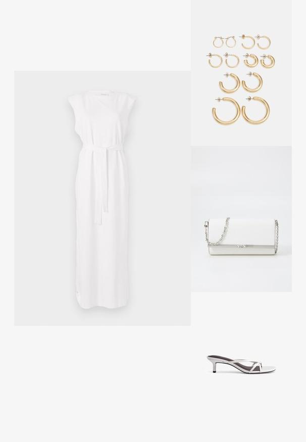Biela maxi šaty bez rukávov s pásom v páse, s jemnou textúrou a priamym siluetou. Jednoduchý dizajn bez vzorov.; Strieborné sandále na podpätku s dizajnom krížových popruhov, hladkou textúrou a špicatou špičkou. Podpätok má výšku približne dva palce.; MICHAEL Michael Kors MONA - Taška cez plece - optic white; Sada zlatých kruhových náušníc s rôznymi veľkosťami a dizajnmi, vrátane malých, stredných a veľkých štýlov, s hladkým kovovým povrchom.