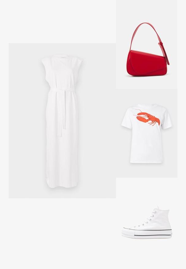 Rochie maxi albă, fără mâneci, cu un brâu la talie, ce prezintă o textură moale și o siluetă dreaptă. Design simplu, fără modele.; Tricou alb din bumbac, cu un grafic mare, viu colorat de homar roșu pe față. Mâneci scurte și un guler standard de tip crew neck.; Adidași albi tip pantofi sport cu glezna din pânză, cu talpă din cauciuc negru, capac de vârf din cauciuc frontal și șase ochiuri pentru șireturi, având un design curat și minimalist.; Geantă de mână din piele roșie, cu un design unghiular și geometric. Dispune de o singură curea ajustabilă și un sistem de închidere cu clapetă, cu detalii cusute.