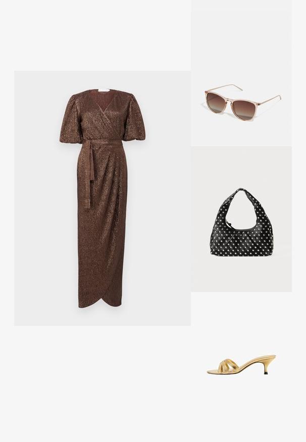 Brown wrap dress with short puff sleeves, textured metallic fabric, and a self-tie belt at the waist, featuring a draped front design.; Gold metallic high-heeled mules with three crossed straps, a tapered toe, and a black accent on the slender heel. Lustrous finish.; Brown gradient sunglasses with a translucent pink frame, square shape, and thin metal arms. Features rounded edges and minimal detailing.; Black leather handbag with a curved handle, featuring a pattern of metallic studs evenly distributed across the surface. Zipper closure.