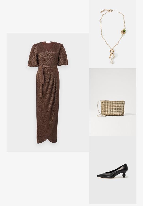 Brown wrap dress with short puff sleeves, textured metallic fabric, and a self-tie belt at the waist, featuring a draped front design.; Black leather high heel shoe with a pointed toe and a round, balled heel. Smooth texture with a sleek, minimal design.; Loeffler Randall YASMINE FLAT CLUTCH - Cross body bag - gold; Gold-tone necklace with twisted links, white pearls, and a green stone accent. Features intricate details and a clasp for fastening.