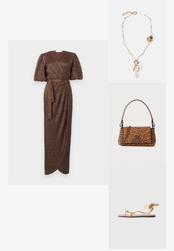 Brūns apģērbs ar īsām pūkām, strukturētu metālisku audumu un pašsaišu jostu viduklī, ar drapēta priekšpusi.; Plakanās sandales ar zelta metālisku apdari, plānām siksnām un saitēm. Zole izgatavota no brūnas ādas ar minimālu dizainu.; Leoparda raksta roka somiņa, izgatavota no zamšādas, ar īsu rokturi, ķēdes siksnu un melnu metāla aizdari. Taisnstūra forma ar pārklājuma aizdari.; Zelta tonis kaklarota ar savirpinātām saistēm, baltām pērlem un zaļa akmens akcentu. Izceļas ar sarežģītām detaļām un aizdari, lai nostiprinātu.