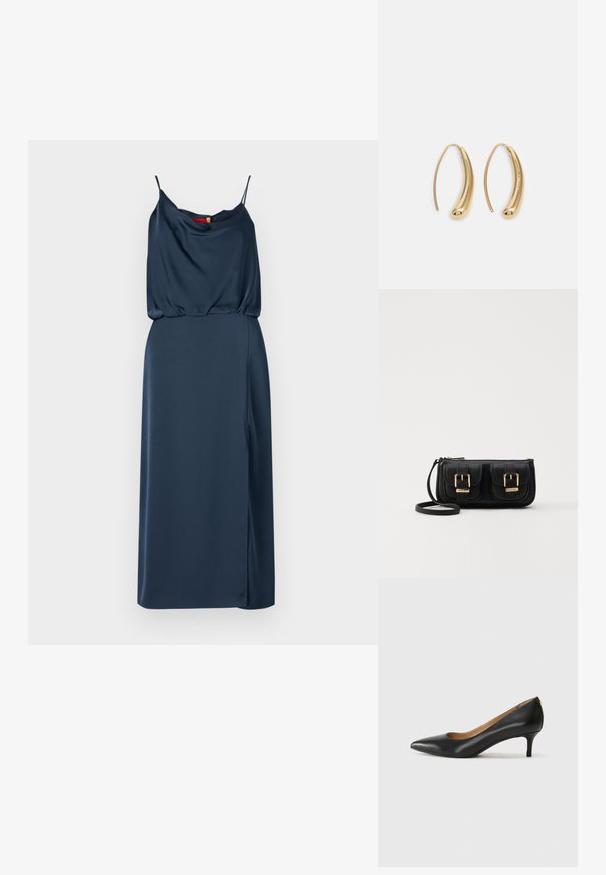 Vestido de satén azul marino con tirantes finos, un corsé drapeado y una abertura lateral. Textura suave, silueta ajustada y un brillo sutil.; Zapato de tacón negro de cuero con punta afilada, tacón bajo y textura suave. Presenta una ligera apertura en la parte frontal y un hardware minimalista en la parte trasera.; Bolso cruzado de cuero negro con dos bolsillos frontales, hebillas doradas, cierre de cremallera y una correa delgada. Superficie texturizada y forma rectangular compacta.; Pendientes de aro de metal en tono dorado con una forma curva y alargada. Presentan una superficie lisa y brillante y una punta redondeada para mayor detalle.