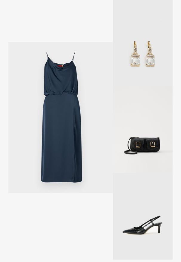 Sukienka z satyny w kolorze granatowym z cienkimi ramiączkami, drapowanym dekoltem i rozcięciem po boku. Gładka tekstura, dopasowana sylwetka i subtelny połysk.; Czarne lakierowane czółenka na obcasie typu slingback z wąskim noskiem, z teksturowanym wzorem wężowym, regulowanym paskiem oraz krótkim, teksturowanym obcasem w kształcie słupka.; Czarna skórzana torba na ramię z dwoma przednimi kieszeniami, złotymi klamrami, zamkiem błyskawicznym i cienkim paskiem. Teksturowana powierzchnia i kompaktowy prostokątny kształt.; Złote kolczyki z prostokątnym, przezroczystym kryształem zwisającym poniżej rzędu małych, okrągłych, przezroczystych akcentów. Elegancki, nowoczesny design.