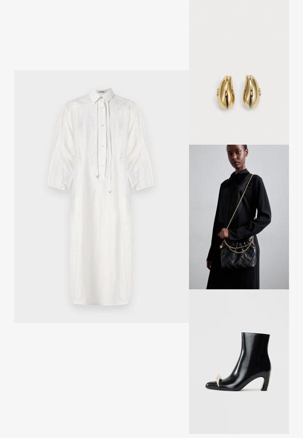 Balta lina kleita ar apkakles izgriezumu, pogu priekšpusi un auklas detaļu. Iekļauj garas piedurknes un brīvu, midi garuma siluetu.; Melnas potītes zābaki, izgatavoti no spīdīgas ādas, ar smailu purngalu un dekoratīvu zelta un sudraba akcentu priekšpusē. Bloka papēža dizains.; Melna kvadrātveida ādas rokassomiņa ar salocītu augšu, zelta ķēdes siksnu un taisnstūra formu, turēta pret vienkāršu fona.; Zelta tonis auskari ar plūstošu, izliekta dizaina formu. Katrs auskar ir ar gludu virsmu un nelielu aizdari ar dekoratīvu detaļu.