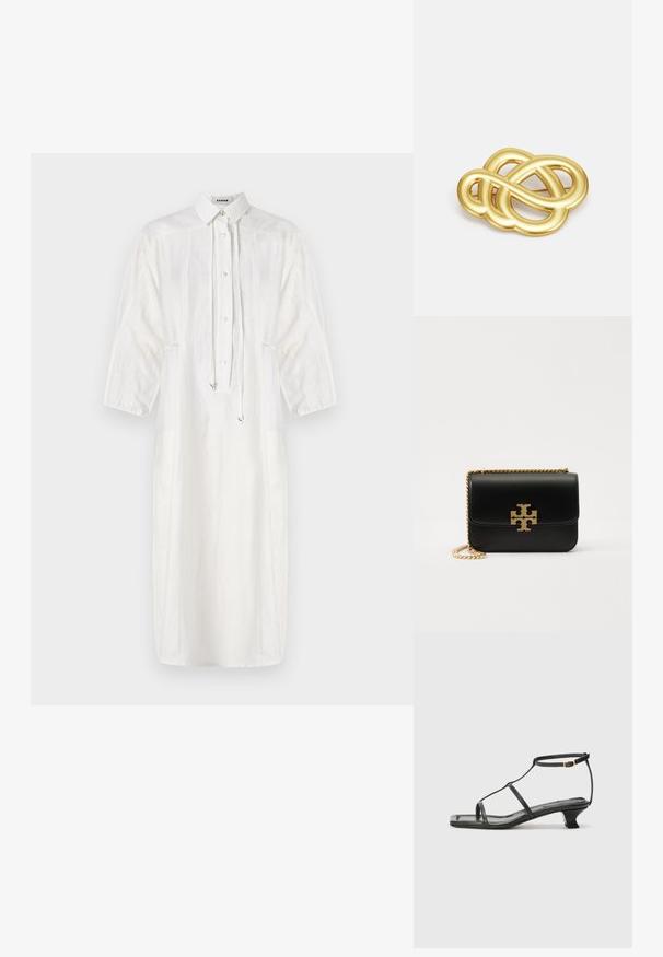 Biała lniana sukienka z kołnierzykiem, guzikiem z przodu i detalem ze sznurkiem. Posiada długie rękawy oraz luźny, midi długości kroj.; Czarne skórzane sandały z kwadratowym noskiem, cienkimi paskami, regulowanym paskiem przy kostce i niskim obcasem. Oferują mały złoty akcent na pasku.; Czarna skórzana torba na ramię z złotą łańcuszkową rączką i akcentem z logo. Posiada prostokątny kształt z klapką. Gładka faktura.; Brożka w odcieniu złotym z knotowym wzorem, posiadająca gładkie, zaokrąglone linie oraz misterny kształt, odzwierciedlająca wypolerowaną powierzchnię.