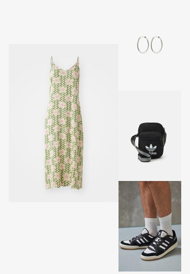 Žalia be rankovių suknelė su rožinėmis gėlėmis, turinti V formos iškirptę ir laisvą siluetą. Pagaminta iš lengvos medžiagos.; Juodos ir baltos sportinės bateliai su zomšiniu ir odiniu viršumi, su trimis baltomis juostelėmis, perforuota koja ir guminėmis padais.; Juodas audinio per petį nešiojamas krepšys su užtrauktuku, turintis baltą Adidas logotipą ir dryžuotą reguliuojamą diržą patogiam nešiojimui.; Sidabrinės auskarai-žiedai su lygiu, poliruotu paviršiumi; apvalus dizainas su tvirtu uždarymu; vidutinio dydžio, maždaug 4 cm skersmens.