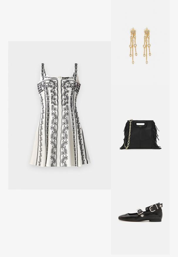 Robe sans manches noire et blanche avec broderies florales délicates, un corsage ajusté et une jupe évasée. Tissu texturé avec une fermeture éclair.; Ballerine en cuir verni noir avec un bout carré, sangle de cheville avec des détails en métal argenté et semelle plate. Texture lisse avec un design minimaliste.; Sac à main en cuir noir avec des détails en franges, chaîne dorée pour l'épaule et une poignée découpée. Présente le logo sur le devant.; Boucles d'oreilles en ton or avec plusieurs chaînes en cascade, présentant des accents en strass ovales transparents et des dessus à clous décoratifs.