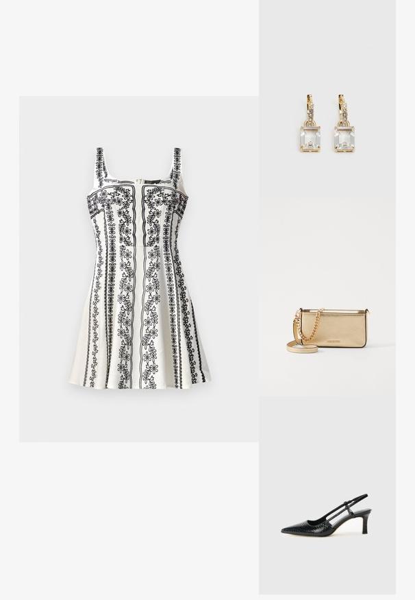 Zwart-witte mouwloze jurk met ingewikkelde bloemenborduursels, een getailleerde bodice en een uitlopende rok. Geweven stof met een rits.; Zwart patent slingback hak met een spitse neus, voorzien van een gestructureerde slangenprint, verstelbare band en een korte, gestructureerde blokhak.; Metalen gouden leren clutch met een gestructureerde afwerking, voorzien van een gouden kettingband en een afneembare schouderband. Merkenlogo in reliëf.; Gouden oorbellen met een rechthoekige, heldere kristal die onder een rij kleine, ronde heldere accenten hangt. Strak, modern ontwerp.