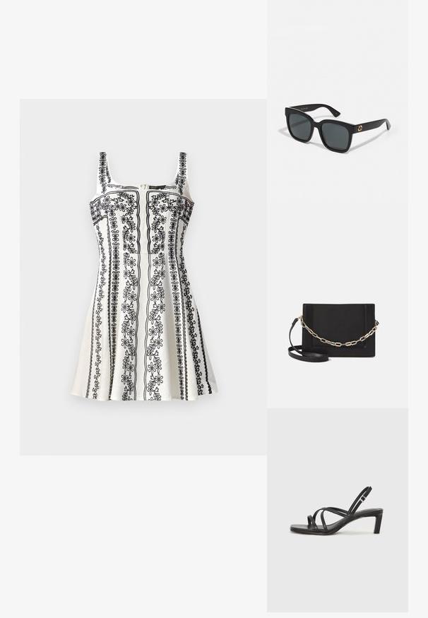 Zwart-witte mouwloze jurk met ingewikkelde bloemenborduursels, een getailleerde bodice en een uitlopende rok. Geweven stof met een rits.; Zwarte sandaal met bandjes, vierkante teen en een lage blokhak. Voorzien van meerdere dunne bandjes en een verstelbare enkelband. Gemaakt van zacht leer.; Zwarte zonnebril met rechthoekige lenzen, voorzien van een glanzende afwerking en gouden logo-accentraties op de pootjes. Donkergrijze lenzen bieden UV-bescherming.; Zwarte leren schoudertas met een gladde textuur, rechthoekige vorm en een metallic kettingdetail aan de voorkant. Verstelbare schouderband inbegrepen.