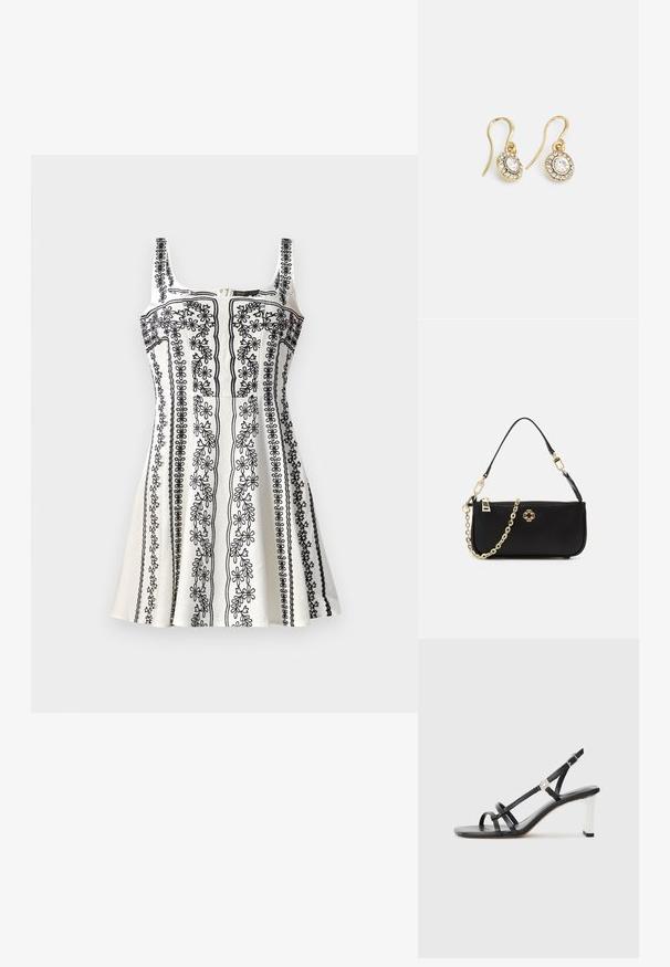 Czarna i biała sukienka bez rękawów z misternymi haftami kwiatowymi, dopasowanym gorsetem i rozkloszowaną spódnicą. Teksturowana tkanina z zamkiem błyskawicznym.; Czarne sandały na obcasie z wieloma wąskimi paskami, z elastycznym zapięciem na pięcie i srebrnym akcentem na obcasie. Gładki materiał wierzchni i kwadratowy obcas.; Czarna torebka o gładkiej fakturze, z złotym łańcuchem na pasku, zamknięciem na zamek błyskawiczny oraz dekoracyjnym złotym emblematem z przodu.; Złote kolczyki z owalnymi przezroczystymi kryształami otoczonymi mniejszymi przezroczystymi kamieniami, z zapięciem w formie haka zapewniającym bezpieczne noszenie.