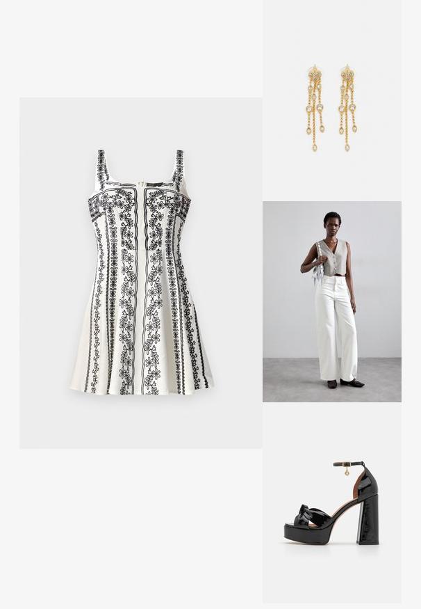 Mustvalge ilma varrukateta kleit, millel on keerukas lilleline tikand, vormitud kehaosa ja laienev seelik. Tekstuuriga kangas ja lukuga.; Maje Kõrge kontsaga sandaalid - noir; Hallitatud hall vest nööpidega, koos valgete laia säärega teksade ja mustade lameda tallaga kingadega. Kaunistatud väikese hõbedase frantsiisiga kotiga.; Kuldne tooni kõrvarõngad mitme voolava ahelaga, millel on selged ovaalsed rhinestone aktsendid ja dekoratiivsed stud-tippud.