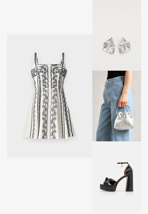 Schwarz-weißes ärmelloses Kleid mit aufwendiger floralem Stickerei, einem taillierten Oberteil und einem schwingenden Rock. Strukturierter Stoff mit einem Reißverschluss.; Maje High Heel Sandalette - noir; Metallisch silberne Bucket Bag mit strukturiertem Finish, verziert mit einem silbernen runden Griff und Kordelzugverschluss, gehalten vor hellblauen Jeans.; Silberne Metallohrringe mit einem wellenförmigen, skulpturalen Design, das eine polierte Oberfläche und unregelmäßige Formen aufweist, die eine zeitgenössische Ästhetik betonen.