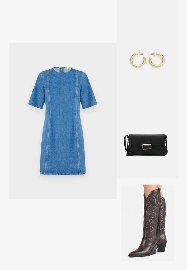 Gaiši zils džinsu kleitas modelis ar īsām piedurknēm, apaļu dekoltē un kontrastējošu dūri. Piedāvā taisnu siluetu un vidēja garuma līdz augšstilba vidum.; Brūni ādas kovboju zābaki ar norādītu purngalu un blokveida papēdi, ar detalizētu šūšanu un paceltiem akcentiem uz kājas daļas.; Melnas ādas saķeres soma ar atloku un zelta metāla sprādzi. Ietver melnu siksnu un elegantu, minimālistisku dizainu.; Zelta auskari ar gludu, spīdīgu apdari. Apaļš dizains, kas ietver mazu tapu un caurspīdīgu pamatni drošai valkāšanai.