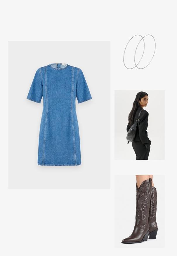 Kergelt siniseks teksakleit lühikeste varrukatega, ümmarguse kaelusega ja kontrastsete õmblustega. Omab sirget siluetti ja keskmise reie pikkust.; Pruunid nahast cowboy saapad terava varbaga ja plokk-kandaga, millel on detailne tikand ja kergelt tõstetud aktsendid varrel.; Pikkade tumehaired naine mustas ülikonnas, kandes musta nahast õlakotti, vaatab üle õla valge tausta taustal.; Hõbedased rõngastikkaehingad minimalistlikus disainis. Ümar kuju, sile tekstuur ja õhuke profiil. Kerged ning poleeritud viimistlusega.