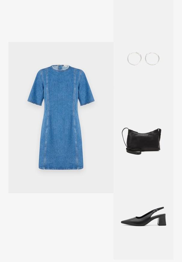 Gaiši zils džinsu kleitas modelis ar īsām piedurknēm, apaļu dekoltē un kontrastējošu dūri. Piedāvā taisnu siluetu un vidēja garuma līdz augšstilba vidum.; Melnas ādas sadalītās augstpapēžu kurpes ar smailo purngalu un masīvu bloka papēdi. Iekļauta regulējama siksna ar metālisku sprādzi.; Melna ādas plecu soma ar gludu tekstūru, izliekta forma, regulējama siksna un rāvējslēdzēja aizdare. Minimālistisks dizains bez rotājumiem.; Sudraba riņķa auskari ar elegantu, apaļu dizainu, kas izceļas ar gludu virsmu un bez redzamām rotājumām. Diametrs netiek norādīts.