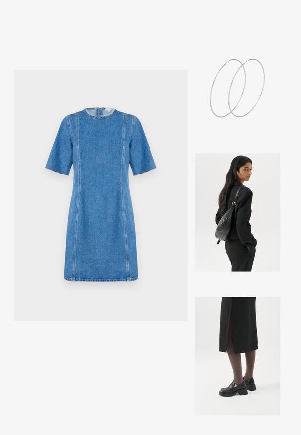 Traper haljina u svijetloplavoj boji s kratkim rukavima, okruglim izrezom i kontrastnim šavovima. Ima ravni kroj i dužinu do sredine bedara.; Crne kožne cipele s zaobljenim vrhom, debelim blok petama i elastičnim bočnim detaljima, uparene s tamnim čarapama i crnom suknjom s prorezom.; Žena s dugom tamnom kosom koja nosi crno odijelo, drži crnu kožnu torbu preko ramena i gleda unazad na bijeloj pozadini.; Srebrne okrugle naušnice s minimalističkim dizajnom. Kružni oblik, glatka tekstura i tanak profil. Lagane s poliranim završetkom.