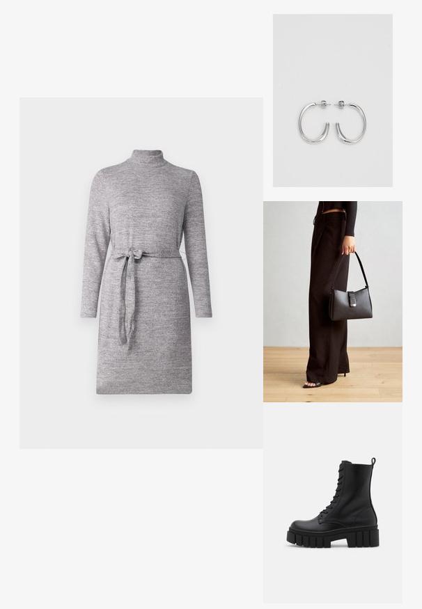 Pelēka adīta kleita ar augstu kaklu, garām piedurknēm un sasietu jostas jostu. Gluda tekstūra un vienota krāsa bez rakstiem.; Melnas ādas potītes zābaki ar masīvu, rievojumu zoli, auklu aizdari un vilces cilpu uz gludas baltas fona.; Melnā somiņa ar strukturētu formu, gludu tekstūru un metālu sprādzi. Saskaņota ar platām melnām biksēm un sandālēm ar atvērtu purngalu uz koka grīdas.; Sudraba stīpas auskari ar gludu, spīdīgu virsmu, izceļas ar izliektaveida formu un aizdari ar tapu. Minimālistisks dizains ar mūsdienīgu apdari.