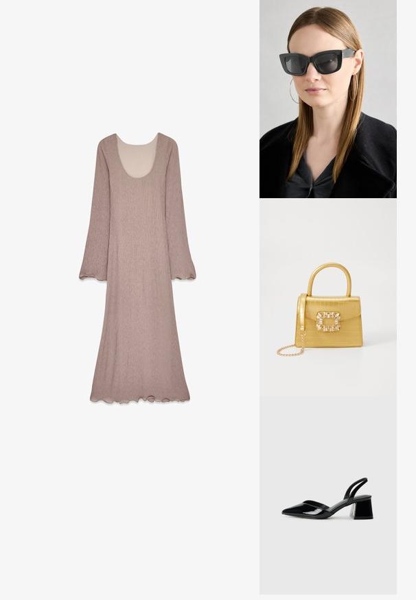 Long, mauve dress made of textured fabric features a wide scoop neckline and flared sleeves, with a scalloped hem detail.; Black patent leather slingback heels with a pointed toe and a geometric block heel. Features a sleek, minimal design and smooth texture.; Black cat-eye sunglasses with dark lenses, thick frames, and subtle accents. Worn with a black coat and gray top, featuring long straight hair.; Yellow faux-crocodile handbag with a structured design, top handle, detachable chain strap, and decorative crystal embellishment on the clasp.