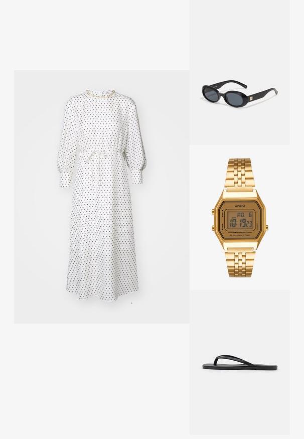 Weißes Midikleid mit weißen Punkten, langen Puffärmeln, tailliertem Bund und Bindeband. Weicher Stoff, locker geschnitten, runder Ausschnitt, minimale Hardware.; Schwarze Flip-Flops mit minimalistischem Design, flacher Sohle, schmalen Riemen und glatter Textur. Keine zusätzlichen Muster oder Akzente.; Schwarze ovale Sonnenbrillen mit dunklen Gläsern, glänzendem Kunststoffrahmen, breiten Bügeln und einem kleinen goldenen Akzent auf einer Seite.; Goldene Digitaluhr mit quadratischem Ziffernblatt, LCD-Display, Edelstahlarmband und Tasten an der Seite. Verfügt über eine wasserdichte Kennzeichnung.