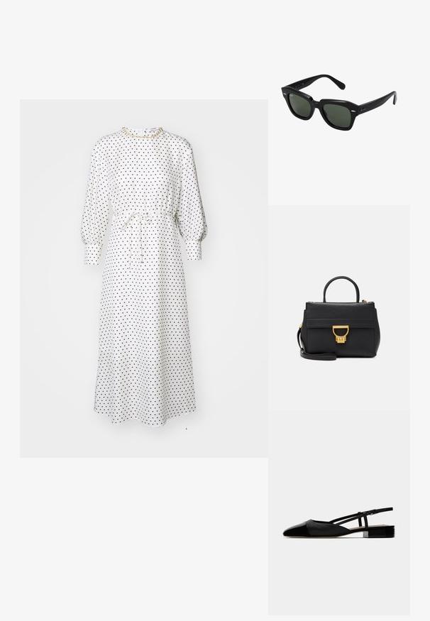 Bela midi obleka s pikami, dolgimi napihnjenimi rokavi, ožjim pasom in detajlom s trakom. Mehka tkanina, sproščen kroj, okrogla izrezana ovratnika, minimalna oprema.; Črne usnjene slingback balerinke s koničastim nosom, zaprtim vampom in nastavljivim gležnjarjem. Imajo nizko, kvadratno peto. Gladka tekstura.; Črne kvadratne sončna očala z temno zelenimi lečami, z drznimi okvirji in srebrnimi detajli ob straneh. Narejeno v Italiji.; Črna usnjena torbica z zlatimi dodatki, strukturirana zasnova, zgornji ročaj, odstranljiv ramenski trak ter sprednji pokrov s sponko za zapiranje.