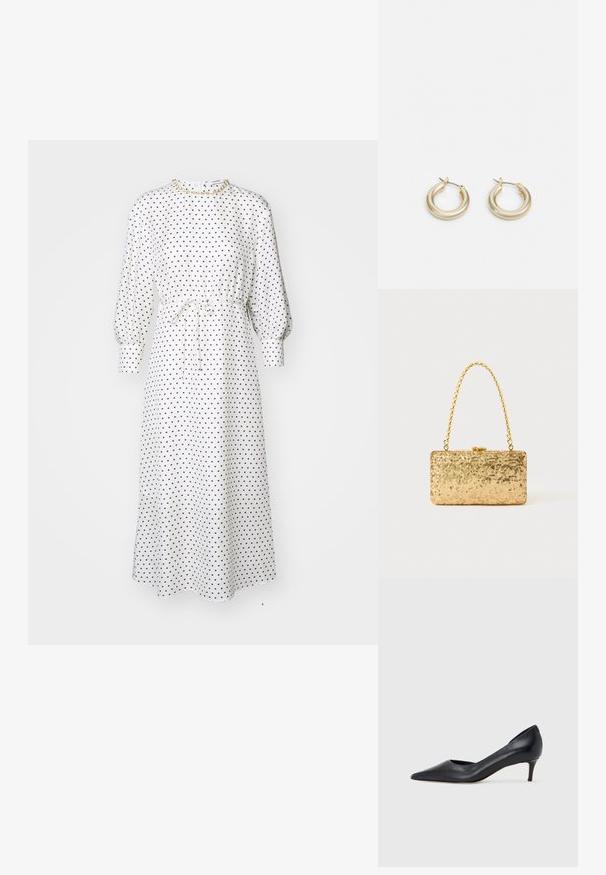 Biała midi sukienka w kropki z długimi bufkami, talią ściągniętą i wiązaniem. Miękka tkanina, luźny krój, okrągły dekolt, minimalne akcesoria.; Czarny skórzany czółenek z szpiczastym noskiem i niskim obcasem. Charakteryzuje się gładką fakturą i subtelnym połyskiem. Przód z wycięciem dla dodatkowego detalu.; Złota kopertówka z cekinami o prostokątnym kształcie, z zakręconym uchwytem w postaci łańcuszka oraz metalowym zapięciem, odbijająca światło o fakturowanym wykończeniu.; Lauren Ralph Lauren BASIC SMALL HOOP - Kolczyki