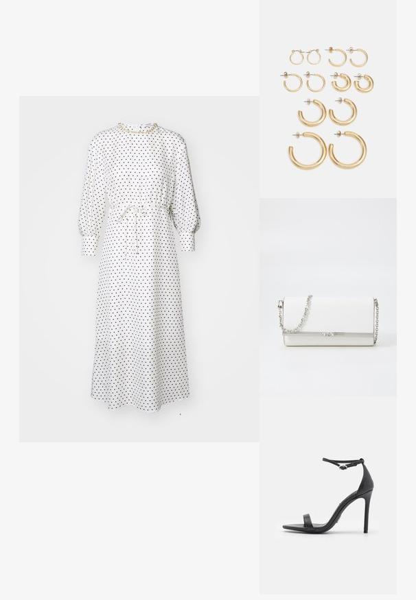 Biele midi šaty s bodkami, dlhými puff rukávmi, zúženým pásom a detailom na viazanie. Mäkčená tkanina, uvoľnený strih, okrúhly výstrih, minimálne kovové súčiastky.; Čierne sandále na vysokom podpätku s otvorenou špičkou, tenkými remienkami a prackou na členku. Hladká kožená textúra s dizajnom so špicatou špičkou.; MICHAEL Michael Kors MONA - Taška cez plece - optic white; Sada zlatých kruhových náušníc s rôznymi veľkosťami a dizajnmi, vrátane malých, stredných a veľkých štýlov, s hladkým kovovým povrchom.