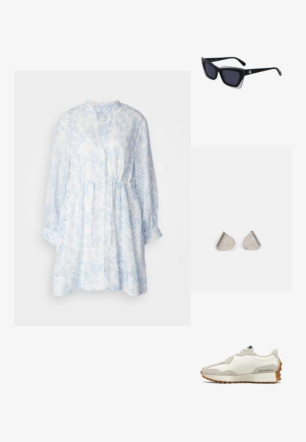 Samsøe Samsøe AMELIE jasnoniebieski; Białe i beżowe sneakersy z gładkiej skórzanej cholewki, zamszowymi akcentami, zaokrąglonym noskiem i teksturowaną gumową podeszwą. Nazwa marki nadrukowana na boku.; Czarne, oversize okulary przeciwsłoneczne o geometrycznym kształcie, z ciemnymi soczewkami i kontrastującym szarym detalem na oprawie. Logo na ramieniu.; Srebrne metalowe kolczyki o gładkim, kroplowym kształcie i wypolerowanym wykończeniu. Delikatne grawerunki dodają szczegółów. Minimalistyczny design.