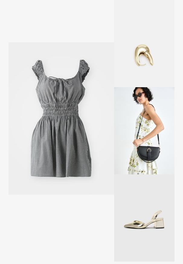 Melnbalto rūtiņu kleita ar smalcinātu jostasvietu, plandošām piedurknēm un apaļu kakla izgriezumu. Iespējas iestrēgtā apakšdaļa, nodrošinot brīvu piegriezumu.; Zeltaini, metāla kurpes ar siksniņām, norakans purngalis un masīla papēdis. Gluda tekstūra, minimālisma dizains un šaura siksna.; Melnas ādas rokassoma ar izliekta formu, noņemamu siksnu un zelta aksesuāriem. Somai ir vāciņš ar sprādzes detaļu.; Zeltīti metāla auskari ar gludu, izliekta dizaina. Ar atšķirīgu smailu formu, pulētu virsmu un eņģu aizdari.