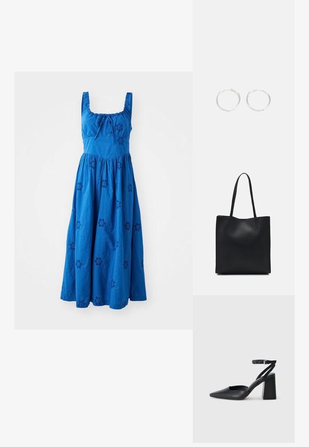 Rochie din bumbac albastră fără mâneci, cu o fustă plisată, având modele florale întunecate brodate și un detaliu cu șnur la gât.; Pantofii cu toc ascuțit din piele neagră, cu breteaua pentru glezne și toc gros. Textură netedă, design elegant și estetică minimală.; Geantă tote neagră din piele, cu textură netedă, formă rectangulară și două mânere lungi. Fără hardware vizibil sau ornamente.; Cercei din argint cu un design elegant și rotund, având o suprafață netedă și fără embellismente vizibile. Diametrul nu este specificat.
