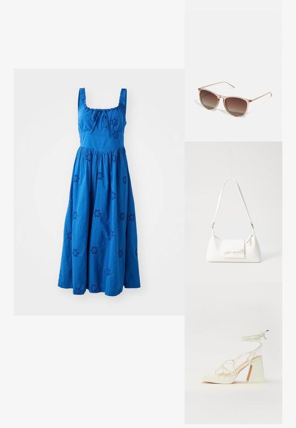 Bez piedurknēm, zila kokvilnas kleita ar savītu svārku, kas rotāta ar izšūtiem tumši ziliem ziedu rakstiem un ar saites detaļu ap kaklu.; Baltas augstpapēžu sandales ar masīvu papēdi, ar siksnu dizainu un potītes saistītiem elementiem. Gluda tekstūra ar platformu priekšpusē, lai nodrošinātu papildu augstumu.; Brūna gradienta saulesbrilles ar caurspīdīgu rozā rāmi, kvadrātveida forma un plānas metāla kājas. Iespējamās noapaļotas malas un minimāls dizains.; Balta sintētiska soma ar trīsstūrveida formu, plakanu priekšējo vāciņu un loku detaļu, regulējamu siksnu, gludu tekstūru un minimālistisku dizainu.