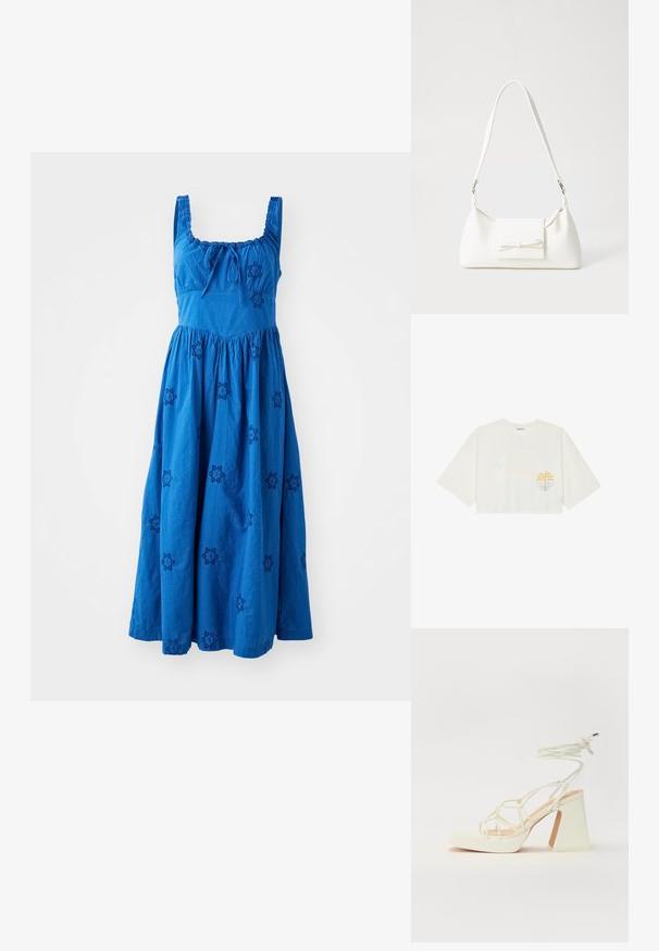 Sleeveless blue cotton dress with a gathered skirt, featuring embroidered dark blue floral patterns and a tie detail at the neckline.; Cropped white t-shirt in cotton with short sleeves, featuring yellow palm tree and blue wave graphic on the left chest.; White high-heeled sandal with a chunky heel, featuring a strappy design and ankle tie. Smooth texture with a platform front for added height.; White synthetic handbag with a triangular shape, flat front flap and bow detail, adjustable strap, smooth texture, and minimalistic design.