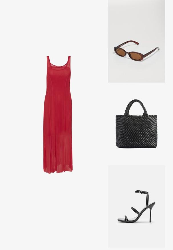 Červené maxi šaty bez rukávů vyrobené z průsvitné tkaniny, mají kulatý výstřih, volný střih a dlouhou, rovnou siluetu.; Černé lakované kožené sandály na vysokém podpatku s třemi horizontálními pásky a nastavitelným páskem kolem kotníku. Elegantní silueta a lesklý povrch.; Kulaté sluneční brýle hnědé barvy s lesklým burgundským rámem. Úzké nožičky s jemným logem. Rovné čočky.; Černá tkaná taška přes rameno s dvěma držadly, která má texturovaný povrch a obdélníkový tvar. Jednoduchý, jedinečný design bez viditelného kovového příslušenství.