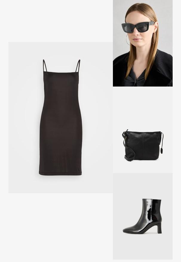Fekete, vékony pántos selymes ruha, amely sima szövetből készült, testhezálló szabással, amely éppen térd fölé ér.; Fekete lakk bőrcipő bokáig érő, hegyes orral és közepes magasságú tömbsarokkal. Simább textúrával és minimalista dizájnnal rendelkezik.; Fekete macskaszem napszemüveg sötét lencsékkel, vastag kerettel és diszkrét díszítésekkel. Fekete kabátot és szürke felsőt visel, hosszú egyenes hajjal.; Fekete bőr keresztpántos táska lapos formával, arany fémrészekkel és állítható pánttal. Simább textúra minimális varrási részletekkel.