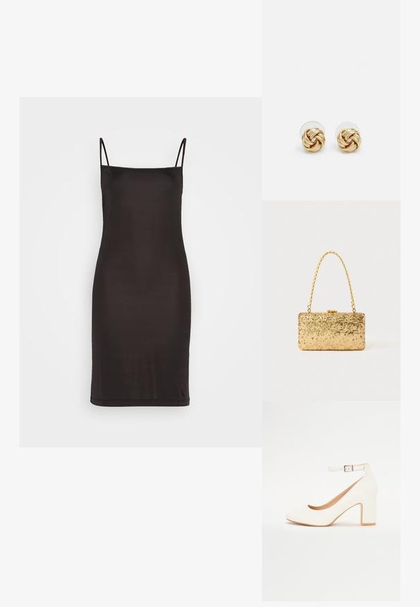 Crna haljina na bretele od tankih traka, izrađena od glatkog materijala, s pripijenim siluetom koja završava neposredno iznad koljena.; Bijela visoko potpetasta cipela s oštrim prstom, blok petom i remenom oko gležnja. Glatka površina s suptilnim sjajem i bež unutarnjom oblogom.; Zlatna šljokasta torbica u pravokutnom obliku, s uvrnutom lancem kao drškom i metalnim kopčanjem, koja odražava svjetlost s teksturiranim završetkom.; Naušnice na stud s zlatnim tonom i uvrnutim dizajnom. Svaka naušnica ima okruglu prozirnu podlogu za sigurno nošenje.