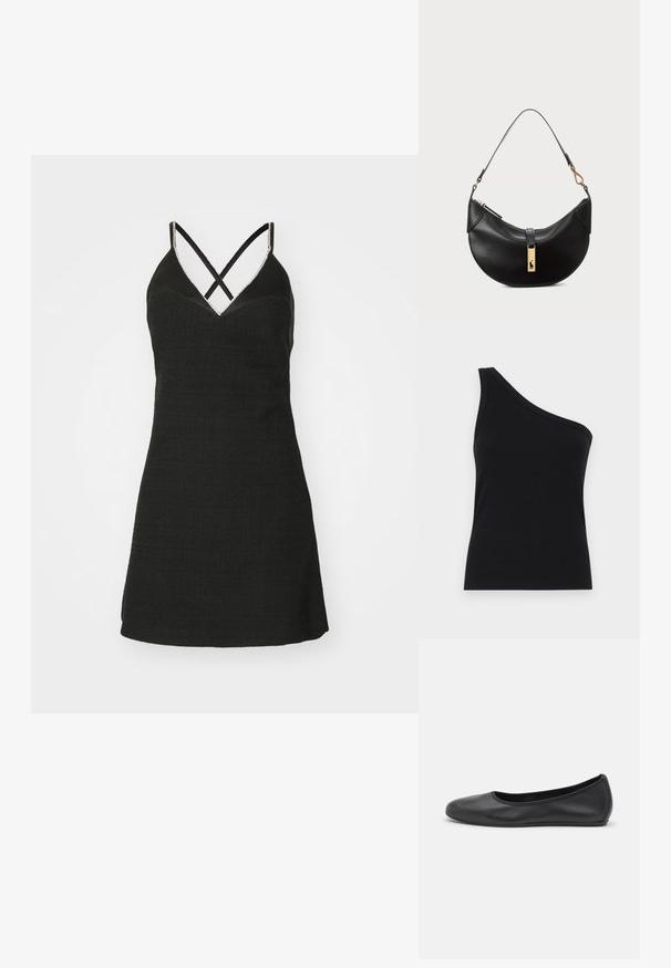 Fekete ruha textúrált anyagból, V-nyakkivágással és keresztezett pántokkal. Feszes felsőrésze és bővülő szoknyája van.; Egyszerű, fekete, bordázott, egyvállas ujjatlan felső, testhez simuló fazonnal és puha textúrával. Tiszta, minimalista szabás és sima nyakkivágás jellemzi.; Fekete bőr balettcipő lekerekített orral, sima tekstúrával, minimális varrással és rugalmas talp kialakítással.; Fekete bőr kézitáska félhold alakú formában. Aranyszínű fémrészekkel és keskeny pánttal rendelkezik. Simább felület, cipzáras záródás a tetején.