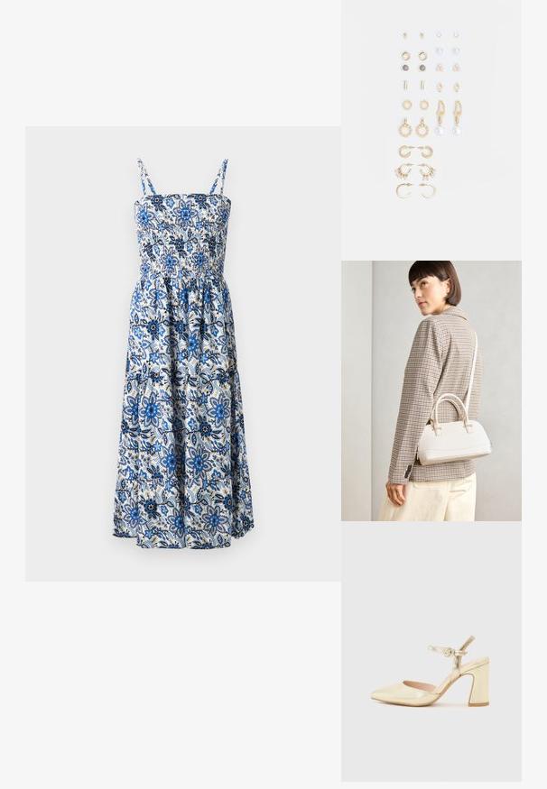 Blå og hvit blomstrete midikjole med tynne stropper. Har smokkebodice og flytende skjørt med intrikate botaniske mønstre.; Gull metallisk hæl sko med spiss tå, ankelrem med en sirkelformet lås, og en tykk hældesign. Glatt tekstur.; Hvit strukturert håndveske med korte håndtak og skulderreim, med detaljer i gullfinish og teksturert materiale, vist mot en grå bakgrunn.; Sett med gullfargede øredobber med ulike design, inkludert stikkere, hoops og hengende deler med perler og rhinestones.