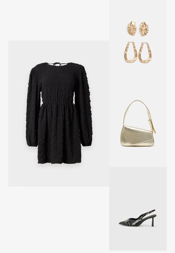 Vestido negro con mangas largas, cintura fruncida, tejido texturizado con un patrón de cuadrícula y escote redondeado. Lazo en la parte posterior.; Zapato de charol negro tipo slingback con punta afilada, correas al tobillo con hebillas y herrajes de plata, y un tacón delgado.; Bolso de mano metálico dorado con un diseño estructurado, textura suave y correa ajustable. Presenta una forma triangular única y un cosido minimalista.; Pendientes en tono dorado que presentan formas texturizadas y onduladas. Incluyen aros de clip esculturales y un diseño de aro abierto con un acabado martillado.