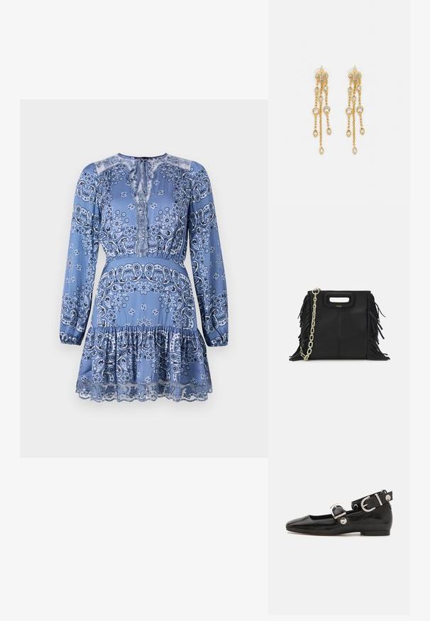 Maje RIBLUETTE - Dnevna haljina - blue; Crne lakirane balerinke sa četvrtastim vrhom, remenom oko zapešća sa srebrnim detaljima i ravnim đonom. Glatka tekstura s minimalističkim dizajnom.; Crna kožna torba s resicama, zlatnim lančićem za rame i rukohvatom u obliku izreza. Sadrži logo na prednjoj strani.; Zlatne naušnice s višestrukim kaskadnim lancima, s prozirnim ovalnim cirkonima i dekorativnim šiljcima na vrhu.