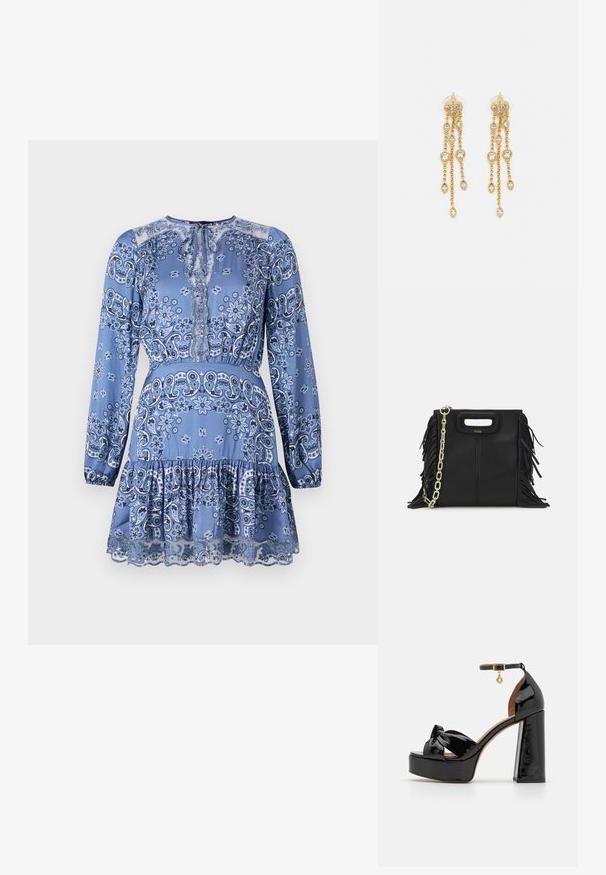 Maje RIBLUETTE - Kasdienė suknelė - blue; Maje Aukštakulniai sandalai - noir; Juodas odinis rankų darbo rankinys su frinzuotomis detalėmis, auksine grandinės petneša ir išpjauto dizaino rankena. Pirmoje pusėje yra logotipo vieta.; Aukso spalvos auskarai su keliais kaskadiniais grandinėlėmis, su skaidriais ovaliais kristalų akcentais ir dekoratyviniais auskarų priekiais.