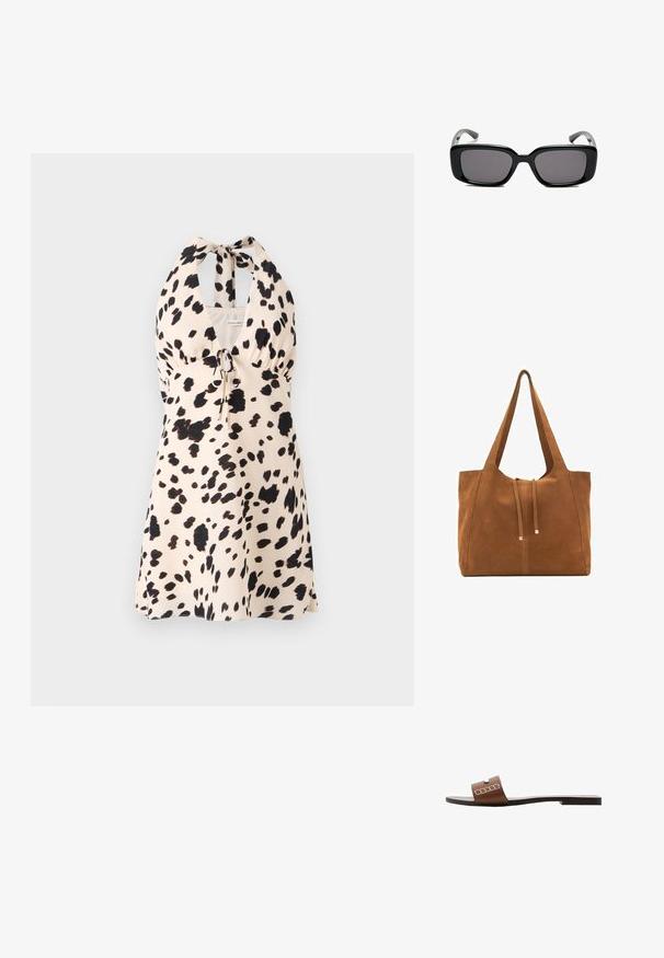 Halterkleid in hellem Beige mit schwarzem Punkte-Muster; verfügt über einen Kordelzug in der Taille für eine verstellbare Passform.; Braune Leder-Slidesandalen mit flacher Sohle, ausgestattet mit einem breiten Riemen und weißen geometrischen Akzenten für ein minimalistisches Design.; Schwarze rechteckige Sonnenbrille mit dunklen Gläsern, glattem Kunststoffrahmen und gebogenen Bügeln. Das Design ist klobig mit einer minimalistischen Ästhetik.; Braune Wildleder-Tasche mit zwei langen Trägern, Zugverschluss und minimalistischem Design. Glatte Textur und keine sichtbaren Hardware-Details.
