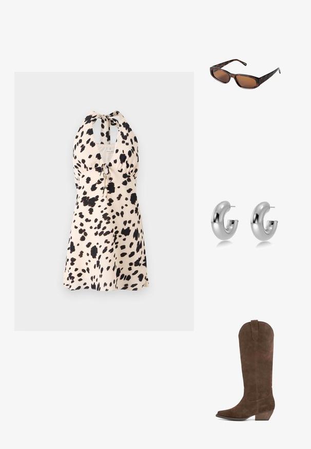 Abito halterneck in beige chiaro con motivo a pois neri; presenta un cordoncino in vita per una vestibilità regolabile.; Stivali al ginocchio in suede marrone con punta appuntita, tacco angolato e cima arrotondata. Presentano un dettaglio di cucitura sul lato e una texture sottile.; Occhiali da sole tartarugati marroni con lenti rettangolari, profilo snello e bracci curvi. Le lenti hanno una tinta marrone, la montatura è in plastica.; Orecchini a cerchio in metallo argentato, lucidato, con una forma liscia e arrotondata e un'apertura nella parte anteriore. Presentano un supporto a perno per una vestibilità sicura.