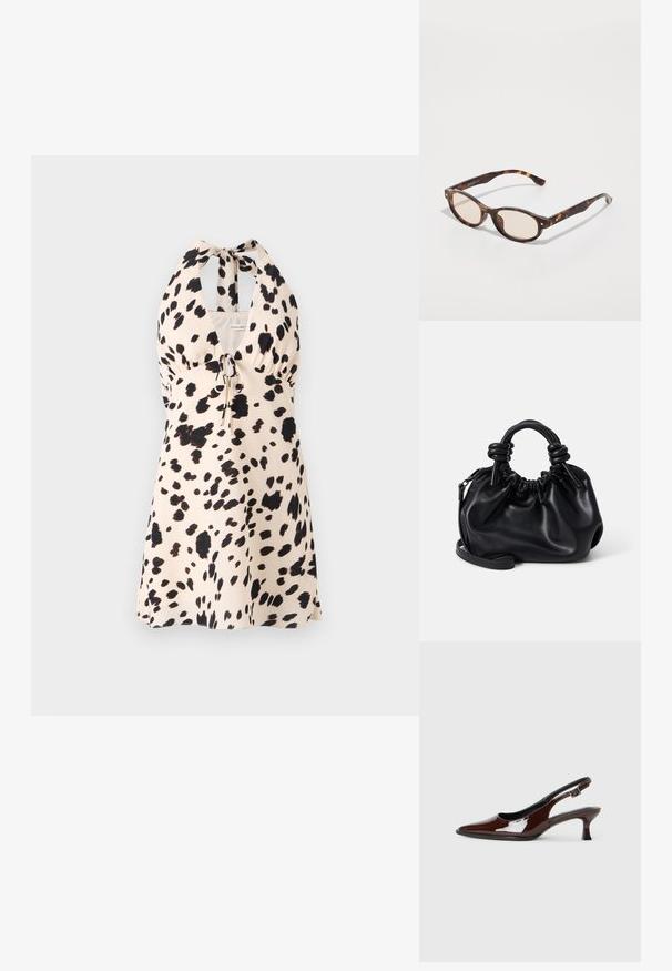 Halterska haljina u svijetlosmeđoj boji s crnim točkicama; ima komad za zatezanje u struku za prilagodljivost.; Smeđe patentne kožne cipele s otvorenom petom, špicastim vrhom i umjerenom petom. Imaju remen s kopčom za sigurno pristajanje. Glatka tekstura.; Naocale u obliku sunca s kornjačevinom i okruglim oblikom, laganim lećama. Imaju čvrste ručke s malim zlatnim detaljima, izrađene od plastičnog materijala.; Crna kožna torba s naboranim dizajnom, kratkim okruglim ručkama i odvojivim remenom za nošenje preko ramena. Glatka tekstura s mekim oblikom.
