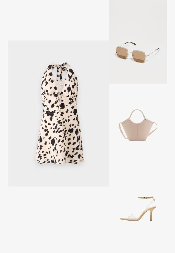 Halenková šaty v světle béžové barvě s černým skvrnitým vzorem; mají šňůrku v pase pro nastavitelnou velikost.; Průhledná sandálová obuv s průhledným svrškem, béžovou stélkou a štíhlým páskem kolem kotníku. Má špičatou špičku a tenký vysoký podpatek.; Zlaté sluneční brýle čtvercového tvaru, s hnědými zrcadlovými skly a jemnými zelenými a červenými akcenty na rámu. Tenké, elegantní nožičky.; Beige kožená kabelka s jedinečným tvarem, vybavená dvěma krátkými uchy a dlouhým nastavitelným popruhem. Hladká textura s minimem kovových doplňků.