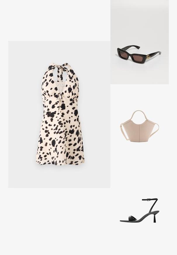 Halterneck šaty v svetlo béžovej farbe s čiernym bodkovaným vzorom; obsahujú šnúrku v páse pre nastaviteľné prispôsobenie.; Bershka Sandále na vysokom opätku - black; Čierne korytnačie slnečné okuliare s obdĺžnikovými šošovkami, hnedým odtieňom, hrubým rámom a zlatým detailom dvojitého loga G na spánku.; Béžová kožená kabelka s unikátnym tvarom, vybavená dvoma krátkymi uchami a jedným dlhým nastaviteľným popruhom. Hladký povrch s minimálnym kovovým príslušenstvom.