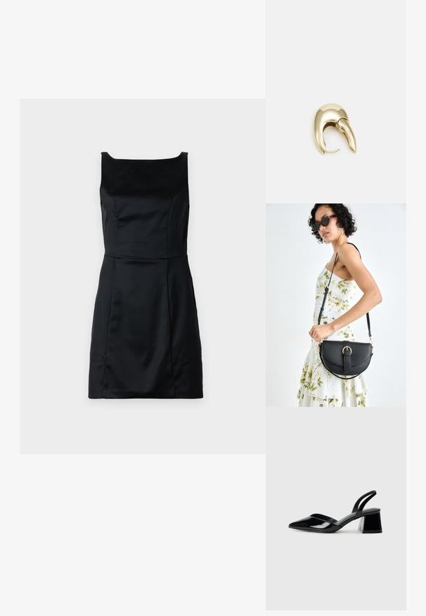 Fekete ujjatlan ruha sima anyagból, négyzet alakú nyakkivágással, testhez simuló felső résszel és letisztult vonalú, bővülő szoknyával.; Fekete lakk bőr szandálkés magas sarkú cipő, hegyes orral és geometrikus tömbsarkakkal. Karcsú, minimalista dizájn és sima textúra jellemzi.; Fekete bőrtáska ívelt formával, levehető pánttal és arany színű fémrészekkel. A táskán egy csattal díszített fedél található.; Aranyszínű fém fülbevaló, elegáns, ívelt formával. Különleges hegyes alak, fényes felszín és zsanéros záródás jellemzi.