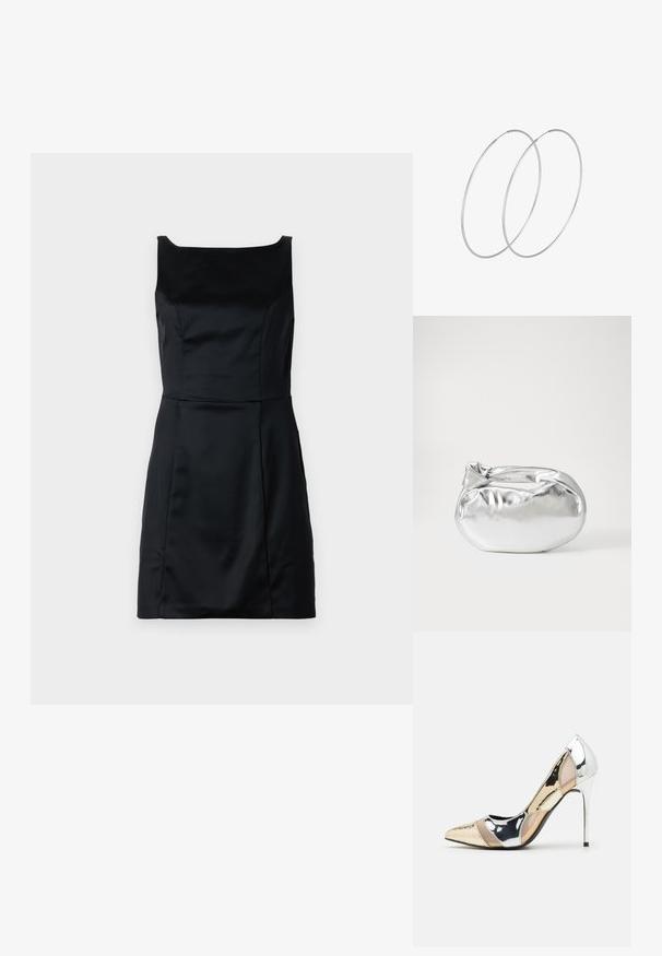 Čierne bezrukávové šaty vyrobené z hladkej tkaniny, s hranatým výstrihom, priliehavým telom a rozšírenou sukňou s čistými líniami.; Lodičky s špičatou špičkou v striebornom, zlatom a telovom farebnom prevedení. Lesklý povrch s výrezovým dizajnom, s ihlovým opätkom.; Strieborná metalická taška s mäkkým, zaobleným tvarom a uzáverom s uzlíkom. Vyrobená z hladkej syntetickej kože.; Strieborné kruhové náušnice s minimalistickým dizajnom. Cirkulárny tvar, hladký povrch a tenký profil. Ľahké s lesklým povrchom.