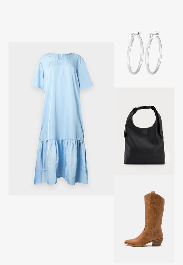 Lichtblauwe jurk met korte mouwen gemaakt van gladde stof. Heeft een gerimpelde zoom en een ronde halslijn met een sluiting aan de achterkant.; Tan leren cowboylaars met puntige neus, geborduurde spiraalpatronen op de schacht en een gestapelde blokhak. Voorzien van een trekband voor gemakkelijke aan- en uittrekken.; Zwarte lederen handtas met een grote open bovenkant en een enkele schouderriem. Zachte textuur, minimalistisch ontwerp, met subtiele metalen accenten.; Zilveren oorbellen in de vorm van een gladde, gepolijste ring. Ronde vorm met een veilige kliksluiting. Lichtgewicht ontwerp, geschikt voor dagelijks gebruik.