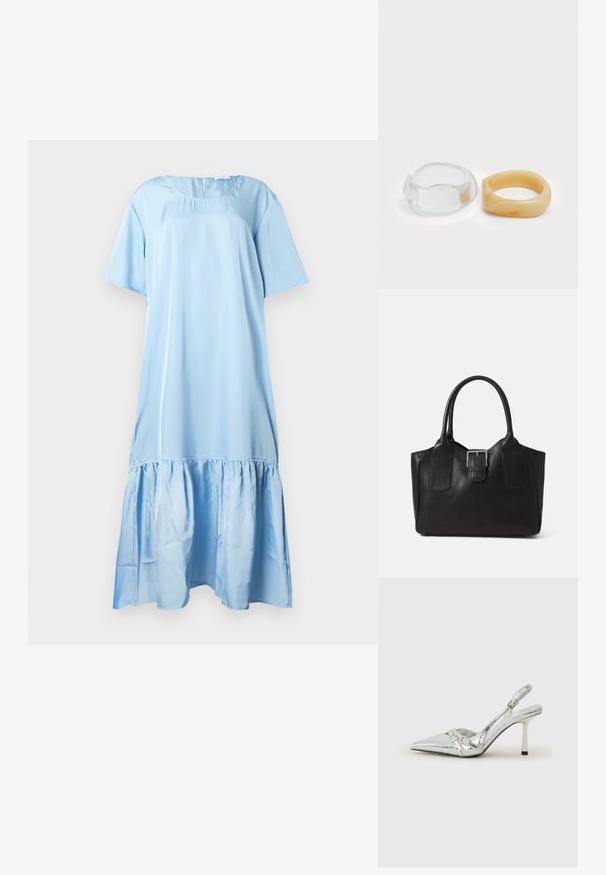 Helehall, lühikeste varrukatega kleit, valmistatud siledast kangast. Omaduseks on volangidega ääreosa ja ümar kaelus tagaküljel kinnitusega.; Hõbedased slingback kõrged kontsad terava ninaga, metalne viimistlus, kaks dekoratiivset rihma ja sihvakad kontsad musta otsaga.; Mustgamma nahast kott, millel on sile tekstuur, struktureeritud kuju, kaks käepidet ja esiküljel silmapaistev hõbedane pandla detail.; Selge ja merevaigu pringi, üks sile ja läbipaistev, teine tekstuurse, merevaigu viimistlusega. Mõlemad omavad ümarat, tugevat disaini.