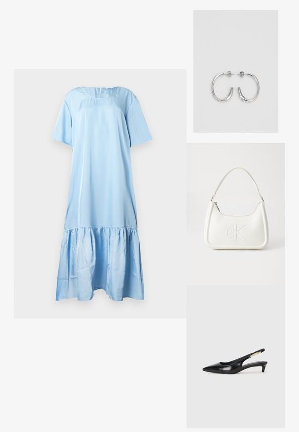 Rochie bleu deschis cu mâneci scurte, realizată dintr-un material fin. Are tiv cu volane și decolteu rotund cu închidere la spate.; Sandale slingback din piele neagră cu vârf ascuțit, având un toc subțire și un accent de culoare aurie pe curea ajustabilă. Textură netedă.; Geantă de umăr din piele albă cu formă curbată, având un logo "CK" embosat pe partea din față și un singur braț de umăr. Închidere cu fermoar în partea de sus.; Cercei rotunzi din argint cu un finisaj neted și strălucitor. Design ușor, având o formă rotundă și închidere cu tijă.